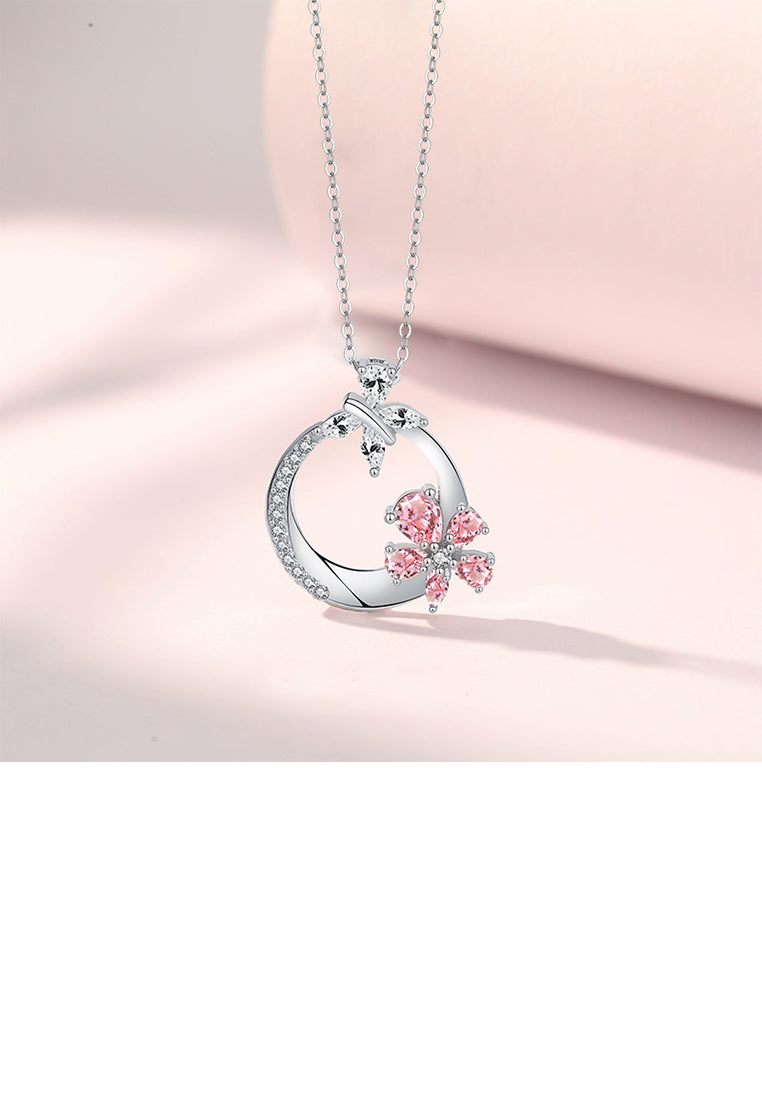 925 Sterling Silver Fashion and Elegant Cherry Blossom Circle Pendant with Cubic Zirconia and Necklace - Luxurious Look