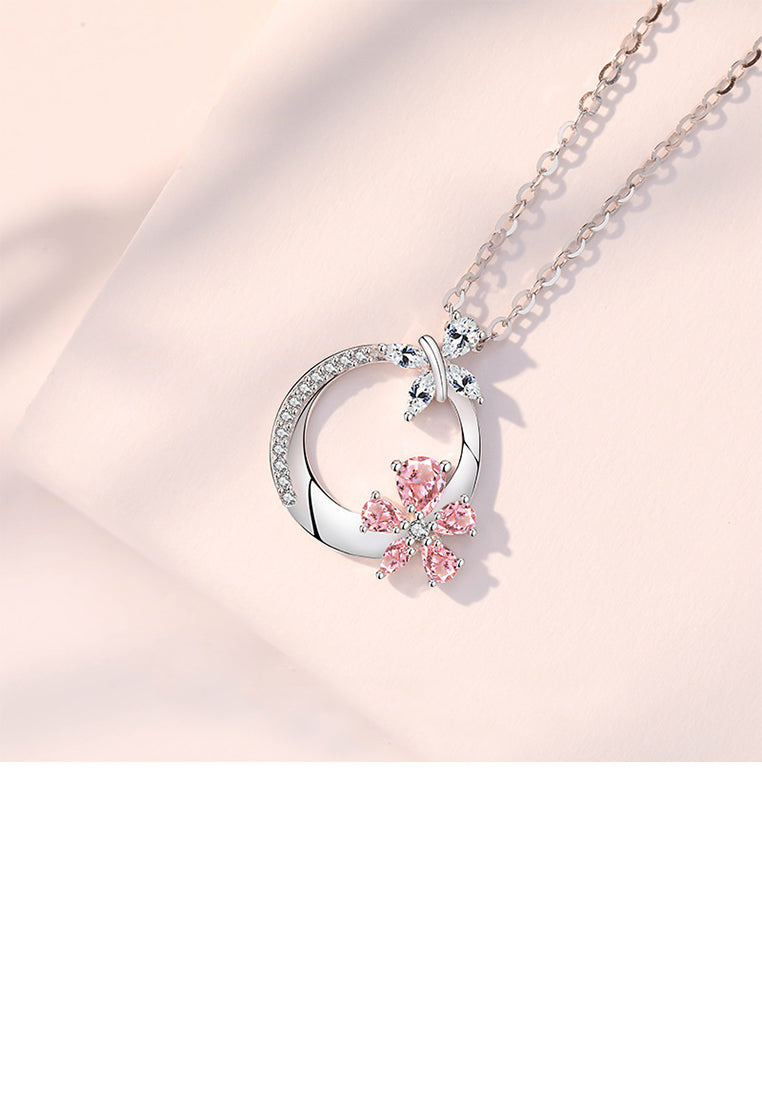925 Sterling Silver Fashion and Elegant Cherry Blossom Circle Pendant with Cubic Zirconia and Necklace - Luxurious Look