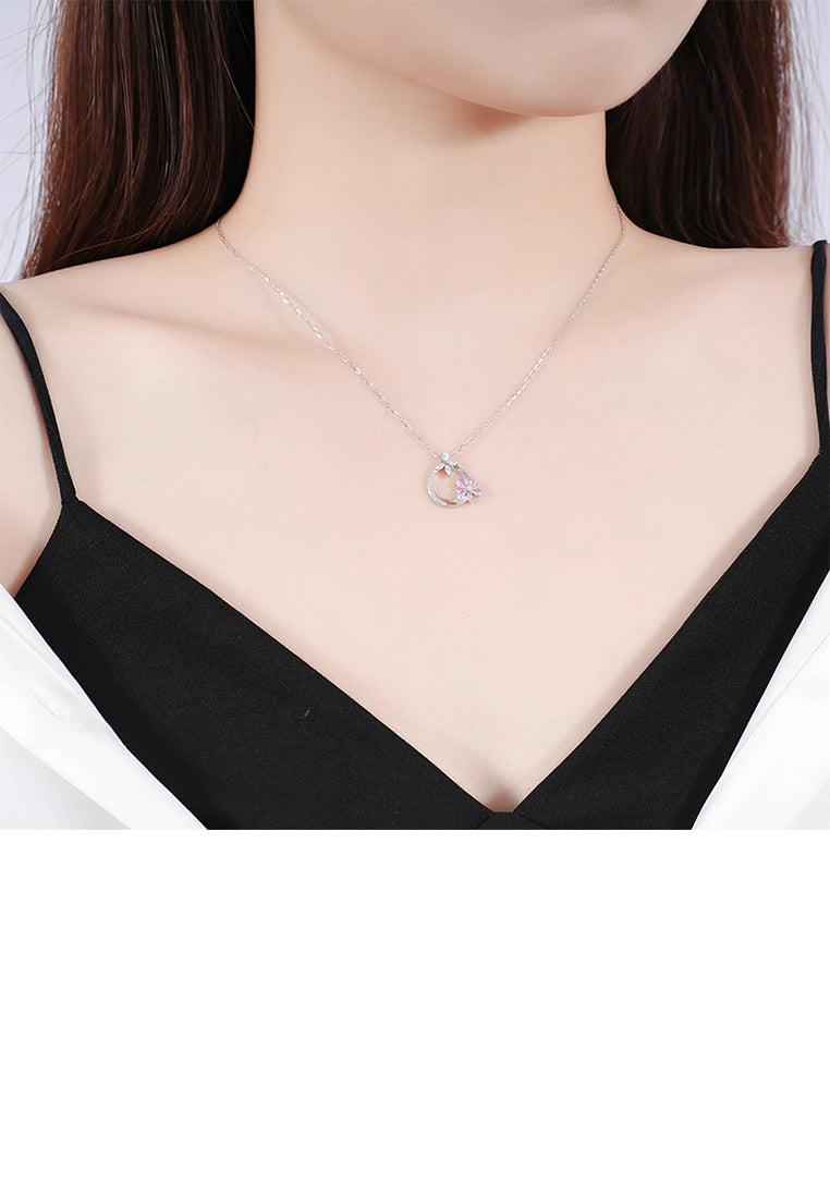 925 Sterling Silver Fashion and Elegant Cherry Blossom Circle Pendant with Cubic Zirconia and Necklace - Luxurious Look
