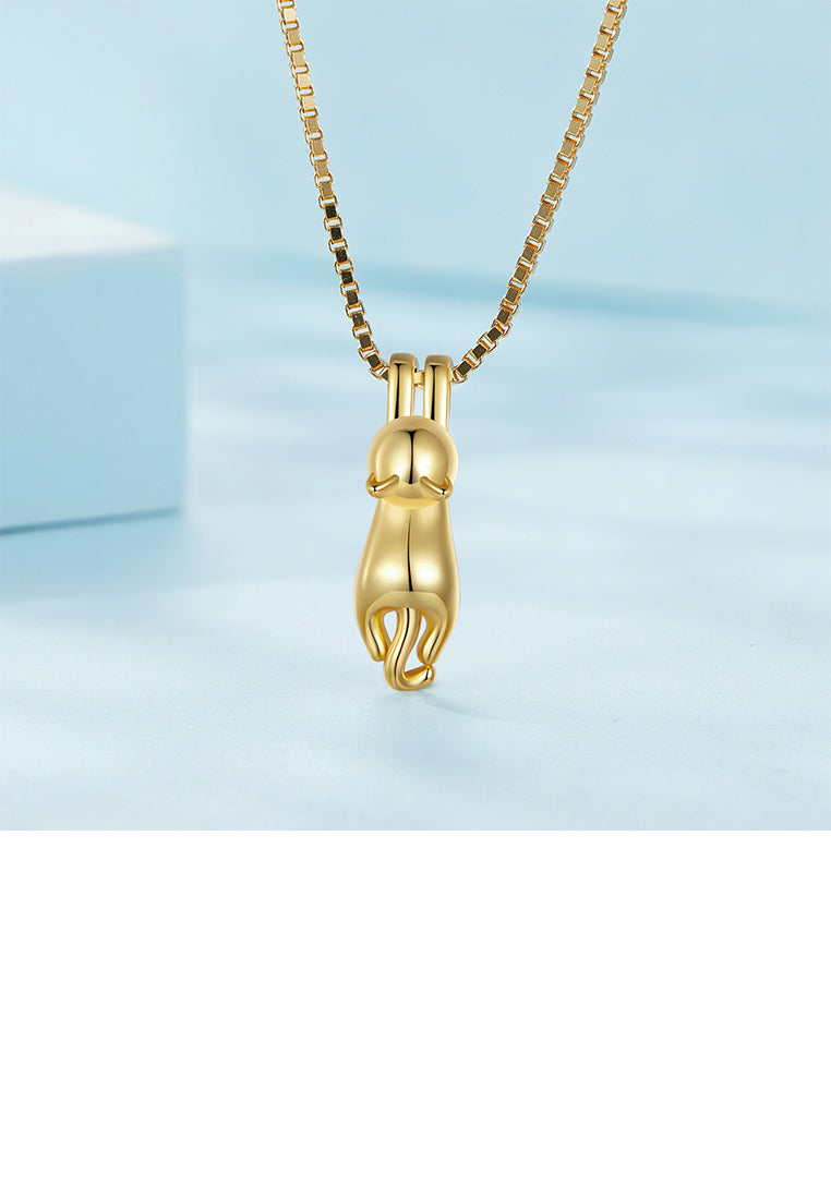 925 Sterling Silver Plated Gold Simple Cute Cat Pendant with Necklace