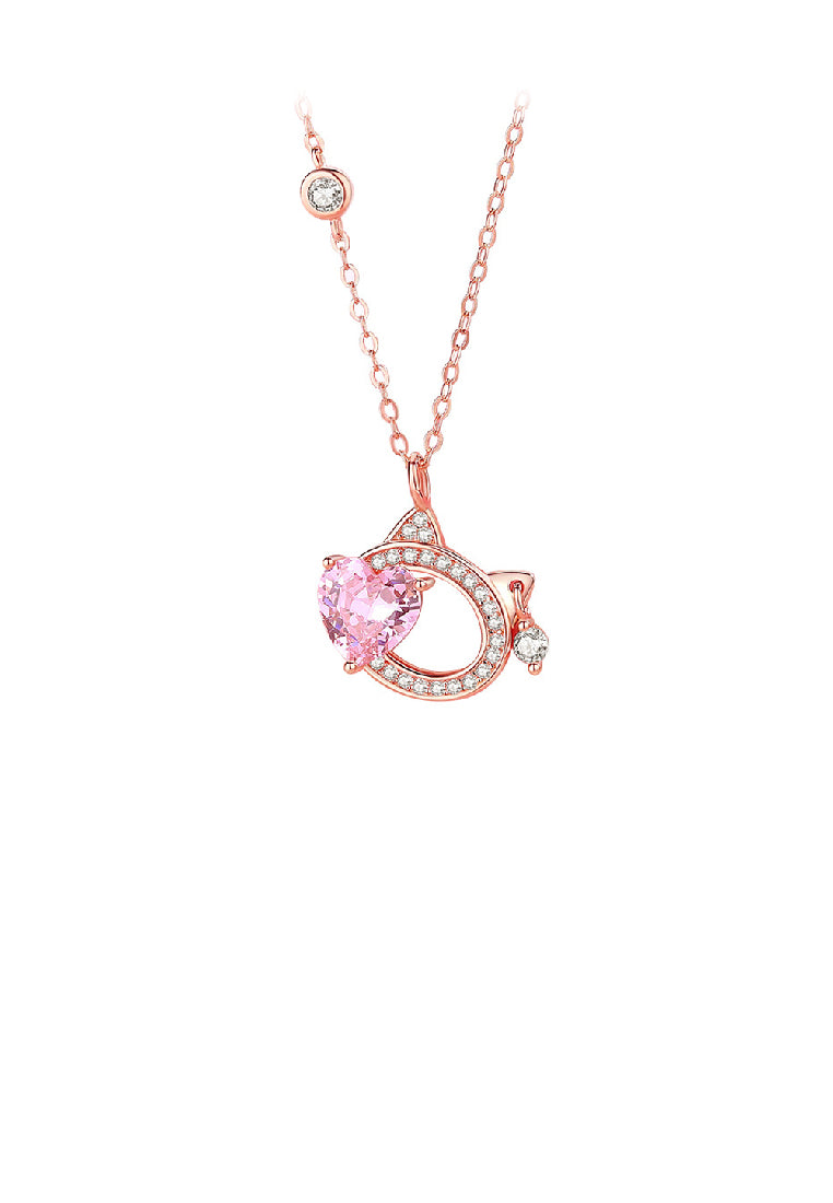 925 Sterling Silver Plated Rose Gold Simple Cute Hollow Cat Heart Pendant with Cubic Zirconia and Necklace - Luxurious Look