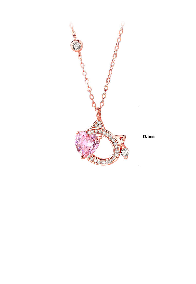 925 Sterling Silver Plated Rose Gold Simple Cute Hollow Cat Heart Pendant with Cubic Zirconia and Necklace - Luxurious Look