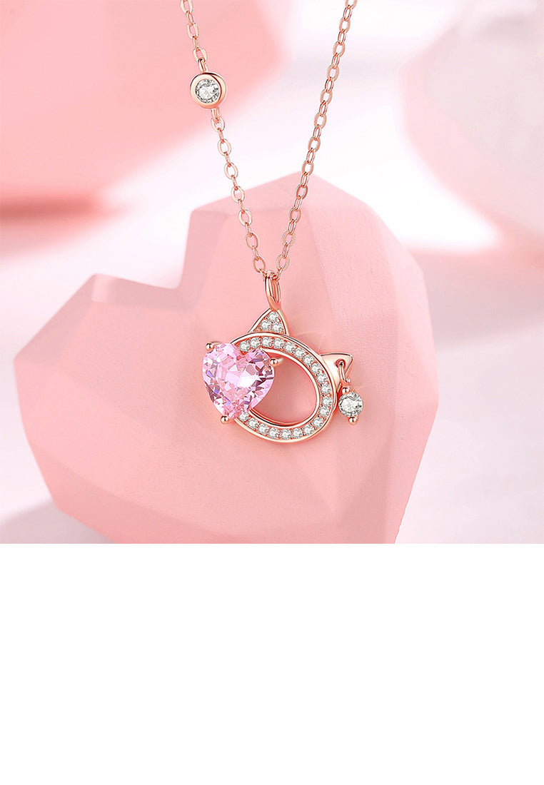 925 Sterling Silver Plated Rose Gold Simple Cute Hollow Cat Heart Pendant with Cubic Zirconia and Necklace - Luxurious Look