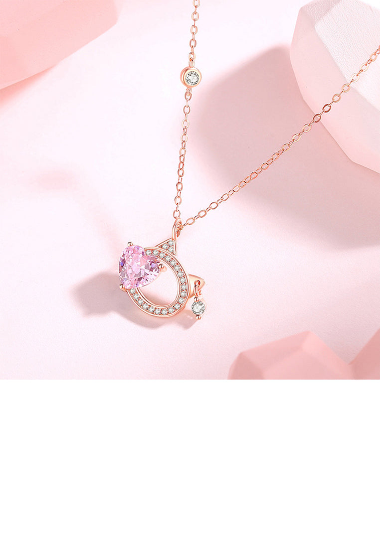 925 Sterling Silver Plated Rose Gold Simple Cute Hollow Cat Heart Pendant with Cubic Zirconia and Necklace - Luxurious Look