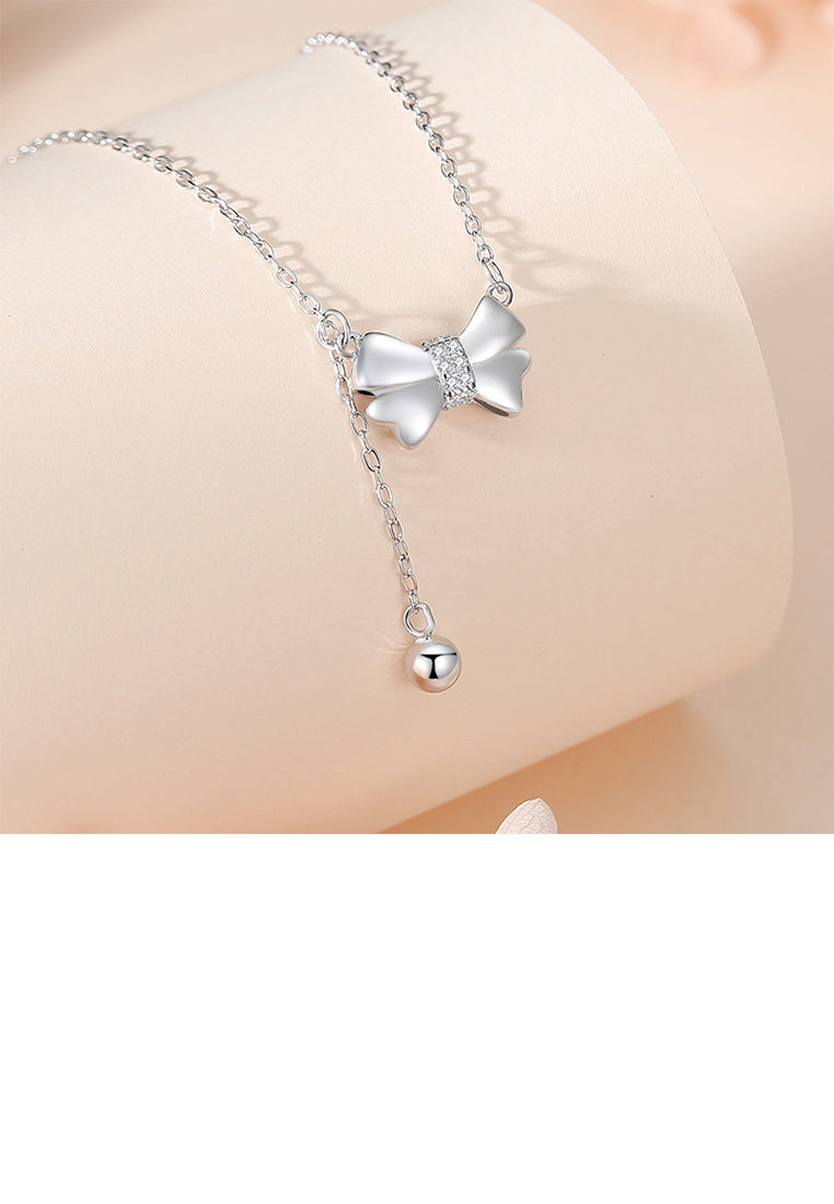 925 Sterling Silver Sweet and Cute Ribbon Tassel Pendant with Cubic Zirconia and Necklace - Luxurious Look