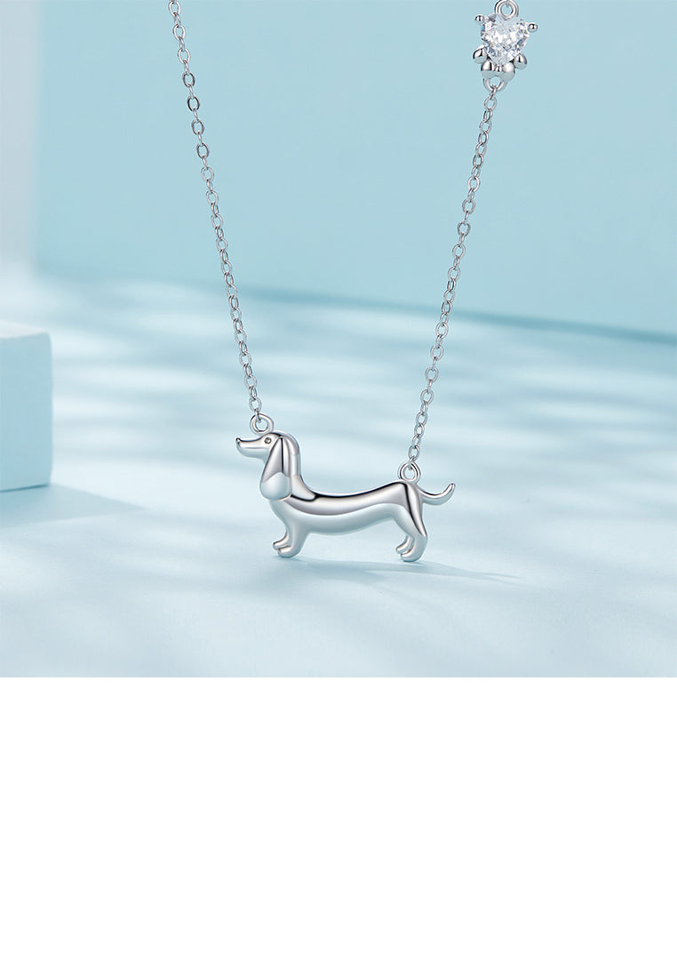 925 Sterling Silver Simple and Cute Dachshund Pendant with Cubic Zirconia and Necklace - Luxurious Look