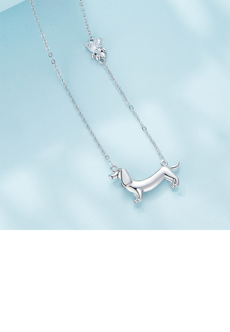 925 Sterling Silver Simple and Cute Dachshund Pendant with Cubic Zirconia and Necklace - Luxurious Look
