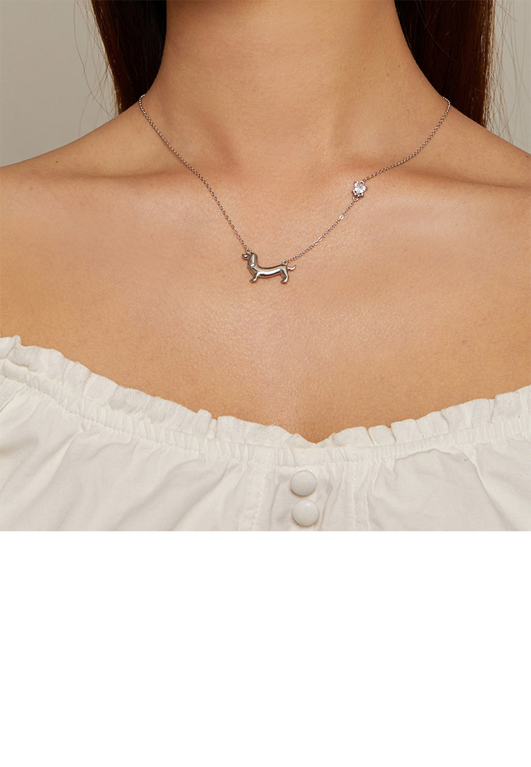 925 Sterling Silver Simple and Cute Dachshund Pendant with Cubic Zirconia and Necklace - Luxurious Look