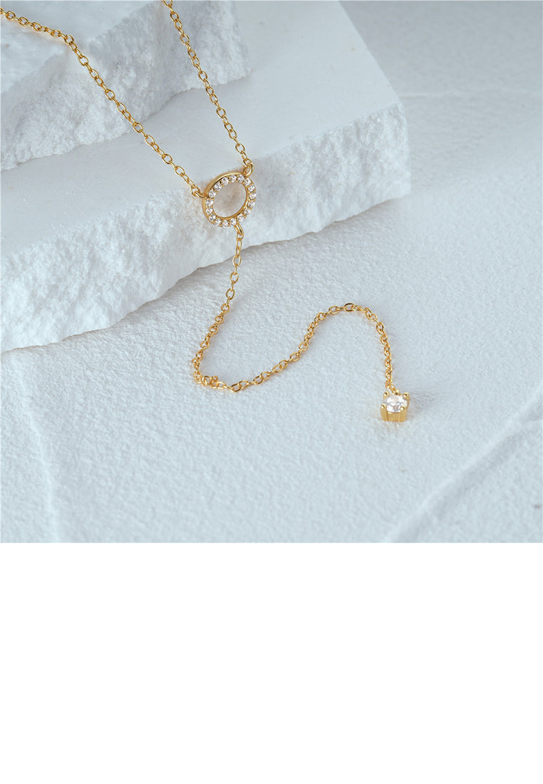 925 Sterling Silver Plated Gold Simple and Fashion Geometric Circle Tassel Pendant with Cubic Zirconia and Necklace - Luxurious Look
