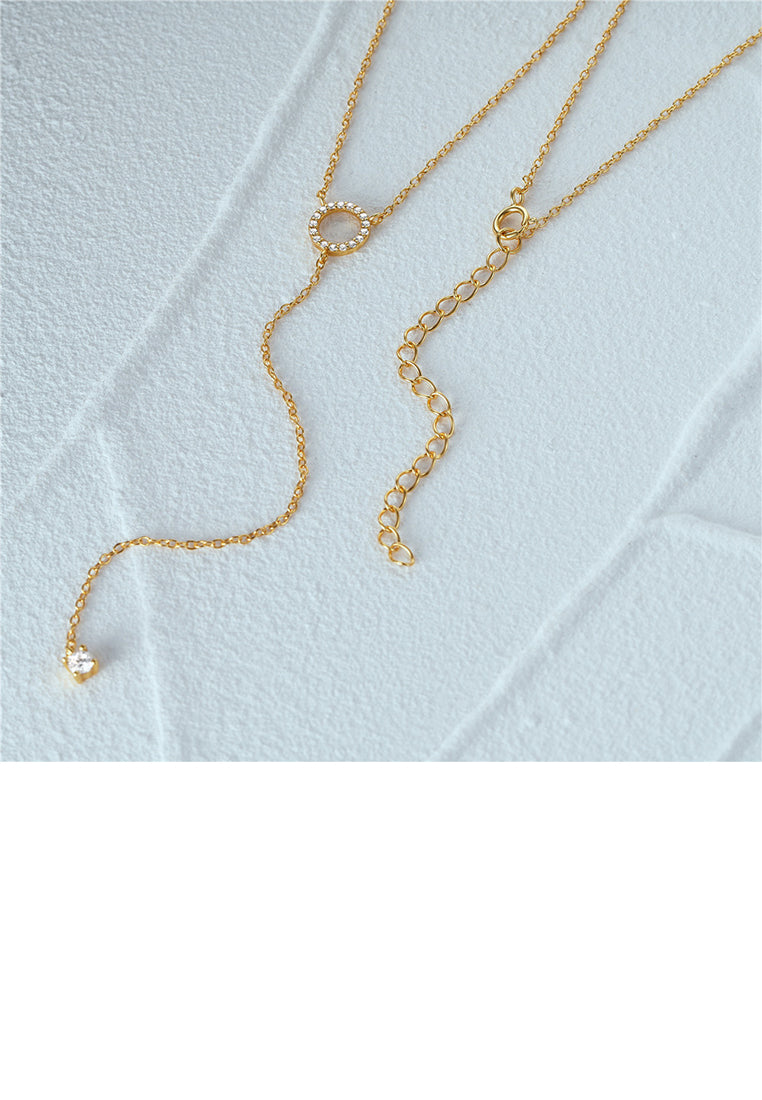 925 Sterling Silver Plated Gold Simple and Fashion Geometric Circle Tassel Pendant with Cubic Zirconia and Necklace - Luxurious Look