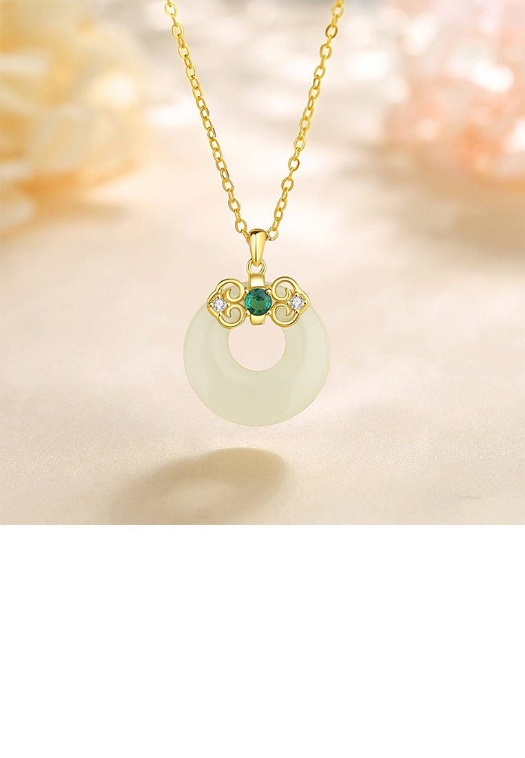 925 Sterling Silver Plated Gold Fashion Vintage Pattern Ruyi Safe Buckle Pendant with Cubic Zirconia and Necklace - Luxurious Look