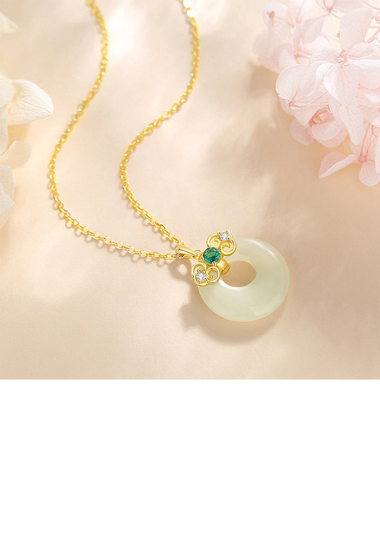 925 Sterling Silver Plated Gold Fashion Vintage Pattern Ruyi Safe Buckle Pendant with Cubic Zirconia and Necklace - Luxurious Look