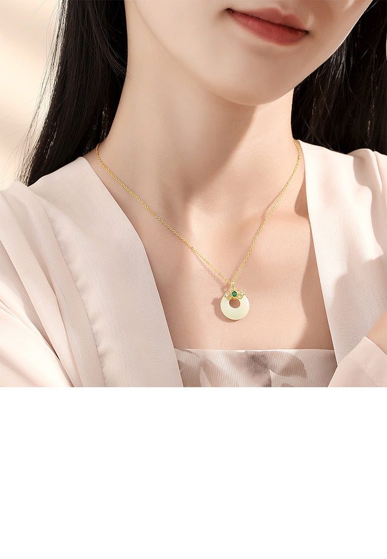 925 Sterling Silver Plated Gold Fashion Vintage Pattern Ruyi Safe Buckle Pendant with Cubic Zirconia and Necklace - Luxurious Look