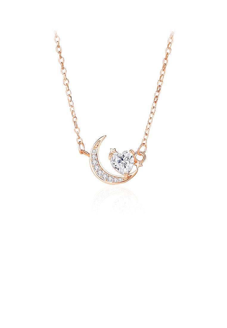 925 Sterling Silver Plated Gold Fashion Simple Heart-shaped Moon Pendant with Cubic Zirconia and Necklace - Luxurious Look