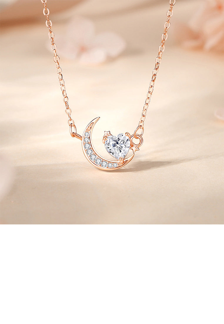 925 Sterling Silver Plated Gold Fashion Simple Heart-shaped Moon Pendant with Cubic Zirconia and Necklace - Luxurious Look