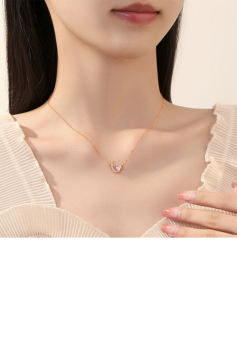 925 Sterling Silver Plated Gold Fashion Simple Heart-shaped Moon Pendant with Cubic Zirconia and Necklace - Luxurious Look