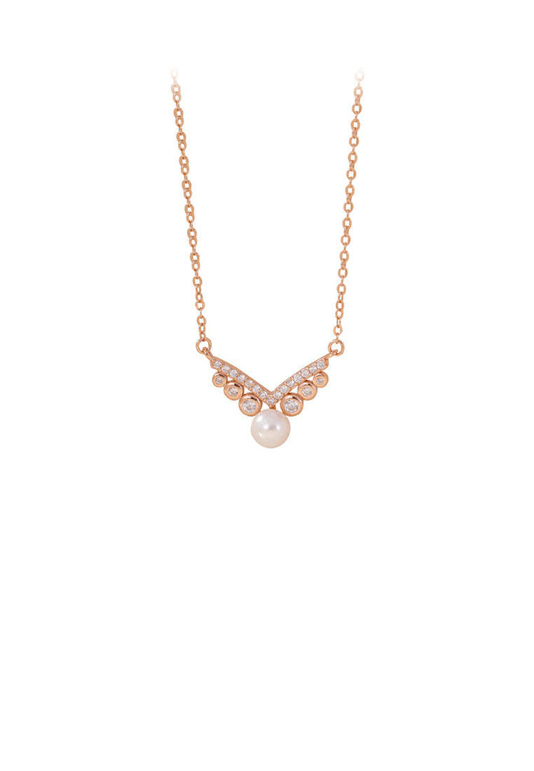 925 Sterling Silver Plated Rose Gold Simple and Elegant V-shaped Imitation Pearl Pendant with Cubic Zirconia and Necklace - Luxurious Look