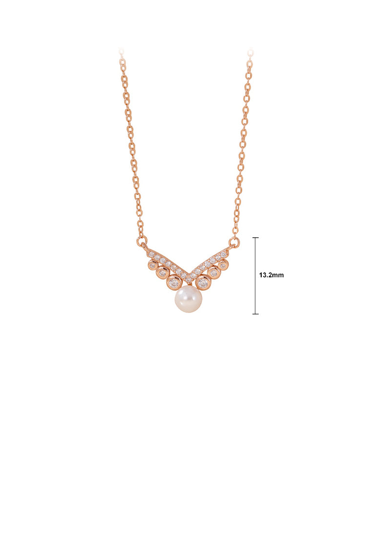 925 Sterling Silver Plated Rose Gold Simple and Elegant V-shaped Imitation Pearl Pendant with Cubic Zirconia and Necklace - Luxurious Look