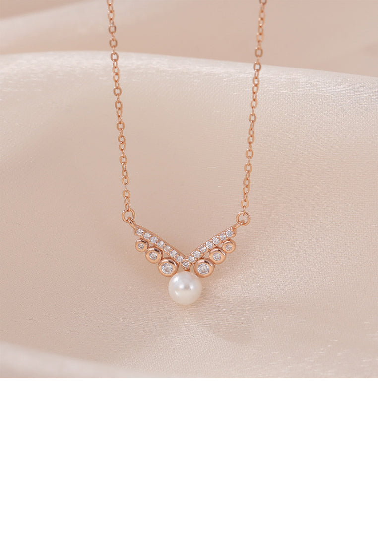 925 Sterling Silver Plated Rose Gold Simple and Elegant V-shaped Imitation Pearl Pendant with Cubic Zirconia and Necklace - Luxurious Look