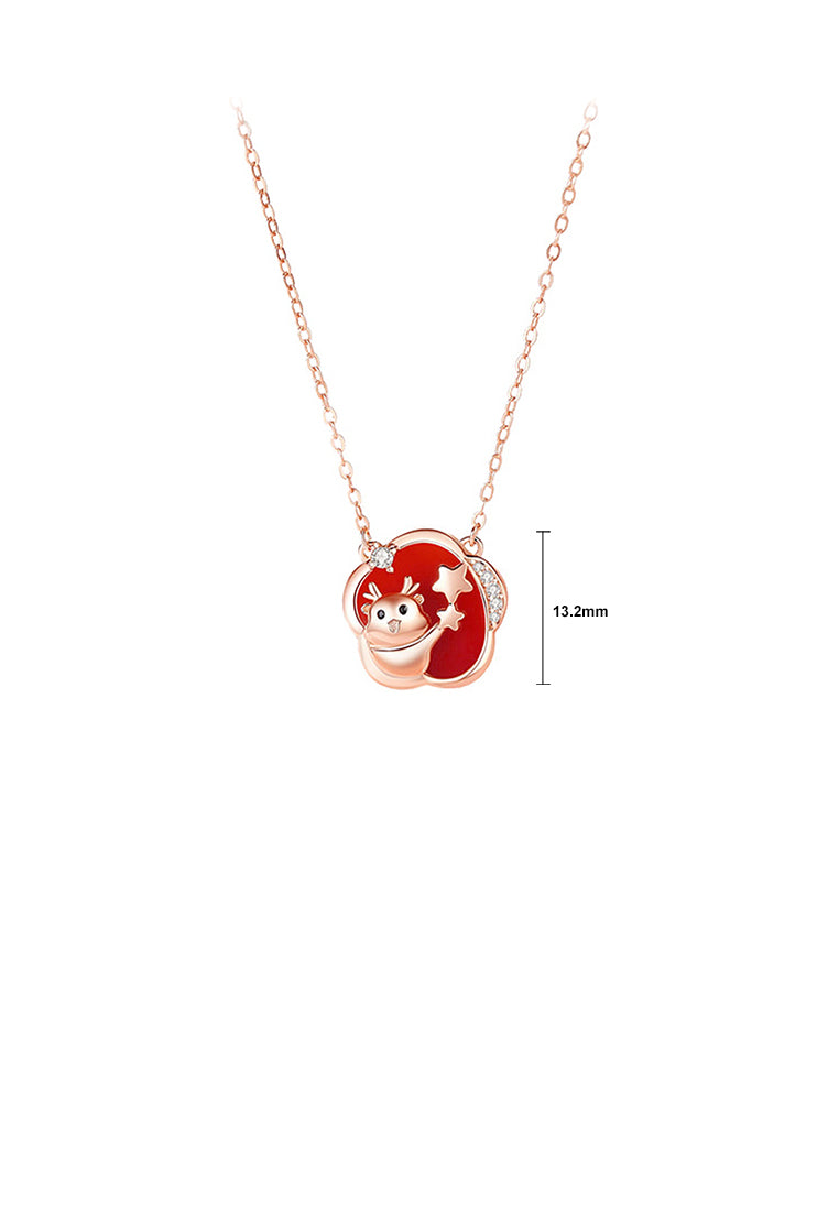 925 Sterling Silver Plated Rose Gold Fashion Temperament Chinese Zodiac Dragon Flower Pendant with Cubic Zirconia and Necklace - Luxurious Look