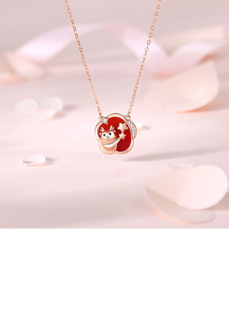 925 Sterling Silver Plated Rose Gold Fashion Temperament Chinese Zodiac Dragon Flower Pendant with Cubic Zirconia and Necklace - Luxurious Look