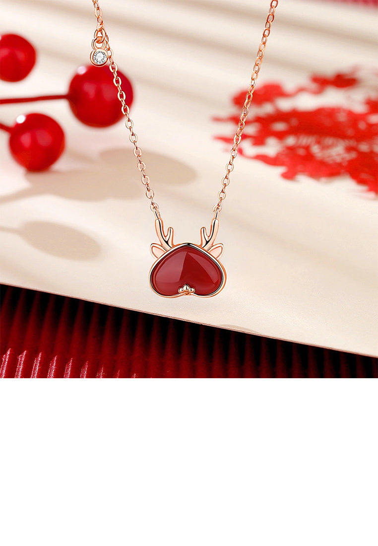 925 Sterling Silver Plated Rose Gold Simple and Cute Dragon Heart-shaped Pendant with Imitation Agate and Necklace