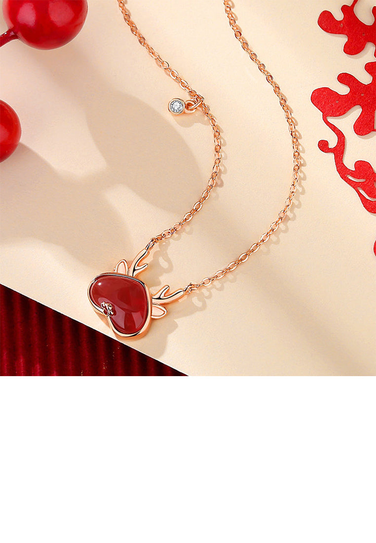 925 Sterling Silver Plated Rose Gold Simple and Cute Dragon Heart-shaped Pendant with Imitation Agate and Necklace