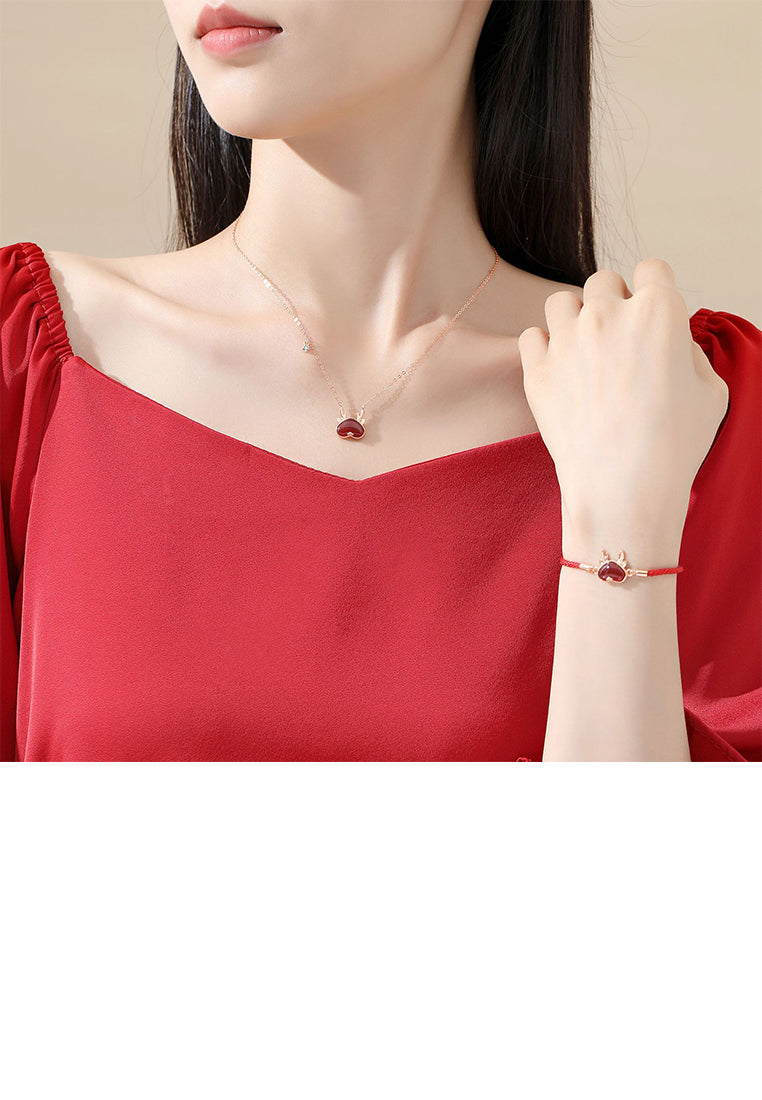 925 Sterling Silver Plated Rose Gold Simple and Cute Dragon Heart-shaped Pendant with Imitation Agate and Necklace