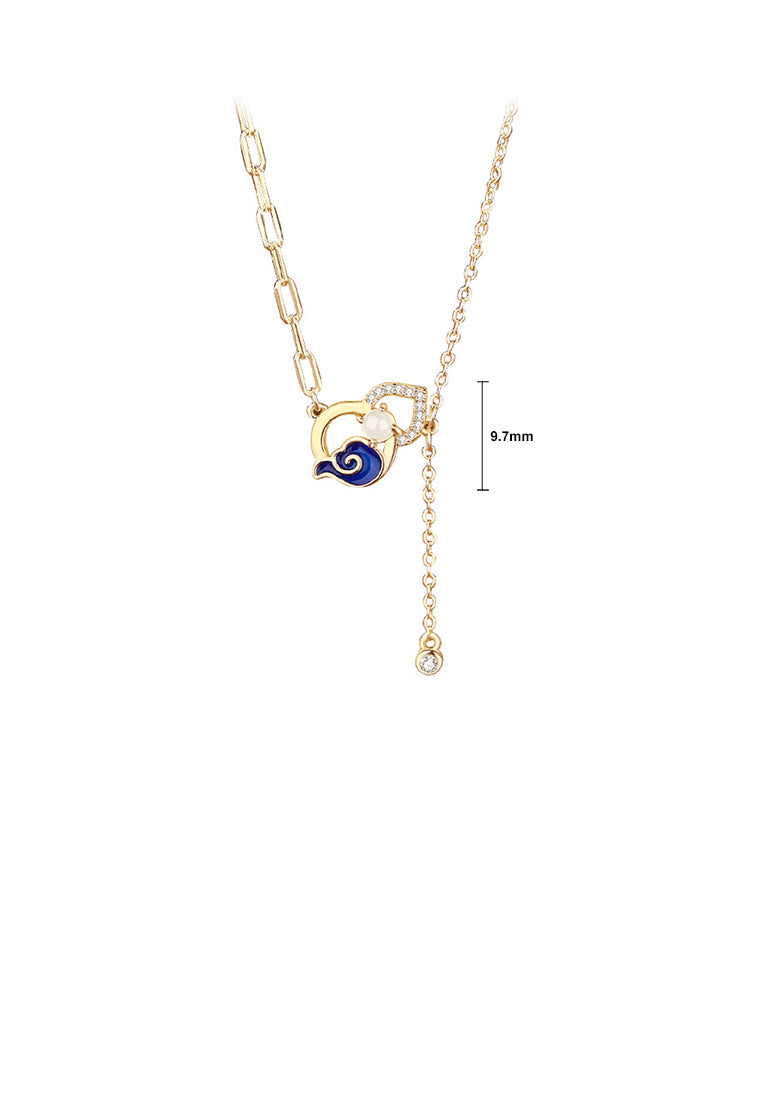 925 Sterling Silver Plated Gold Vintage Chinese Auspicious Cloud Gourd Imitation Pearl Tassel Pendant with Cubic Zirconia and Necklace - Luxurious Look
