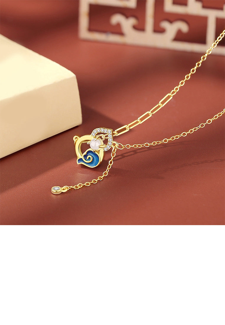 925 Sterling Silver Plated Gold Vintage Chinese Auspicious Cloud Gourd Imitation Pearl Tassel Pendant with Cubic Zirconia and Necklace - Luxurious Look