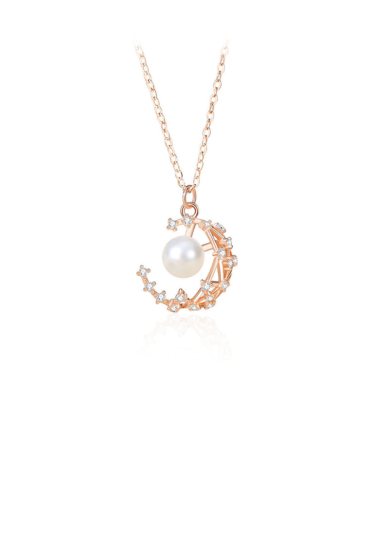 925 Sterling Silver Plated Rose Gold Fashion Moon Imitation Pearl Pendant with Cubic Zirconia and Necklace - Luxurious Look