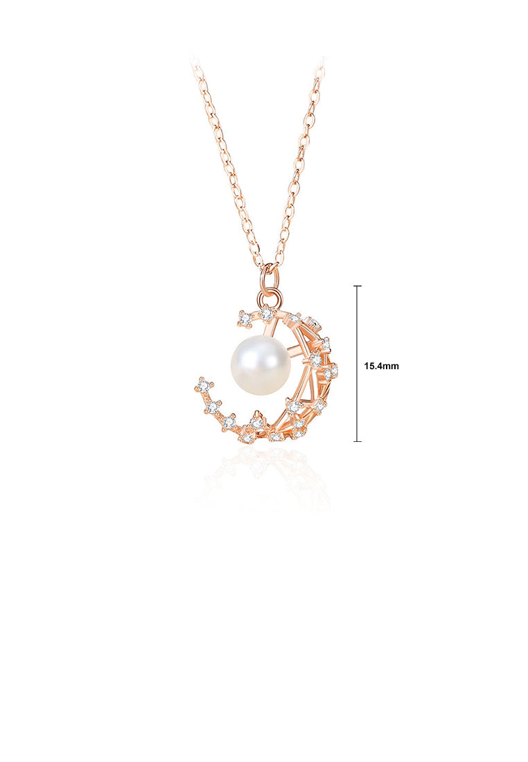 925 Sterling Silver Plated Rose Gold Fashion Moon Imitation Pearl Pendant with Cubic Zirconia and Necklace - Luxurious Look