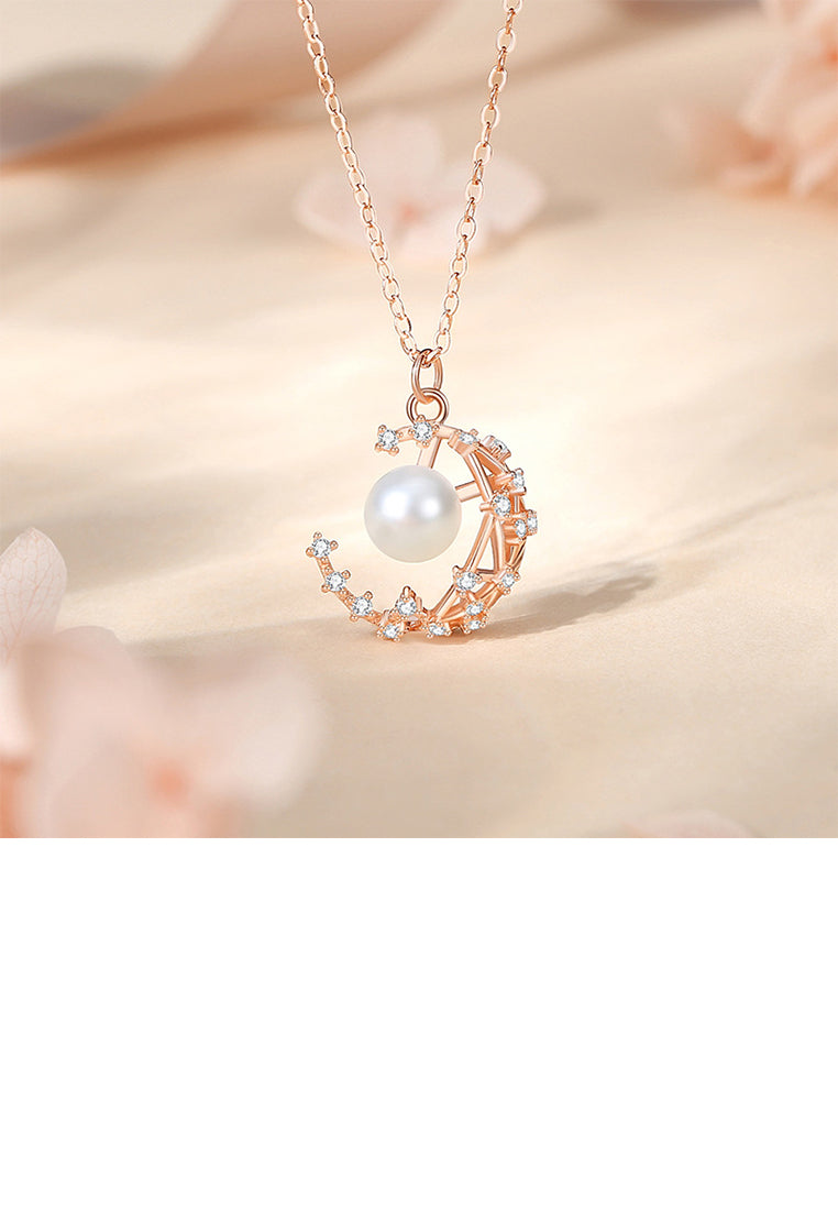 925 Sterling Silver Plated Rose Gold Fashion Moon Imitation Pearl Pendant with Cubic Zirconia and Necklace - Luxurious Look