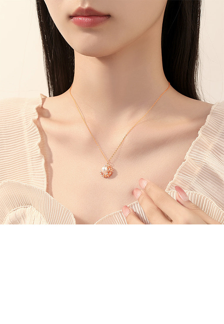 925 Sterling Silver Plated Rose Gold Fashion Moon Imitation Pearl Pendant with Cubic Zirconia and Necklace - Luxurious Look