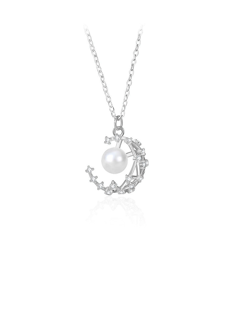 925 Sterling Silver Fashion Moon Imitation Pearl Pendant with Cubic Zirconia and Necklace - Luxurious Look