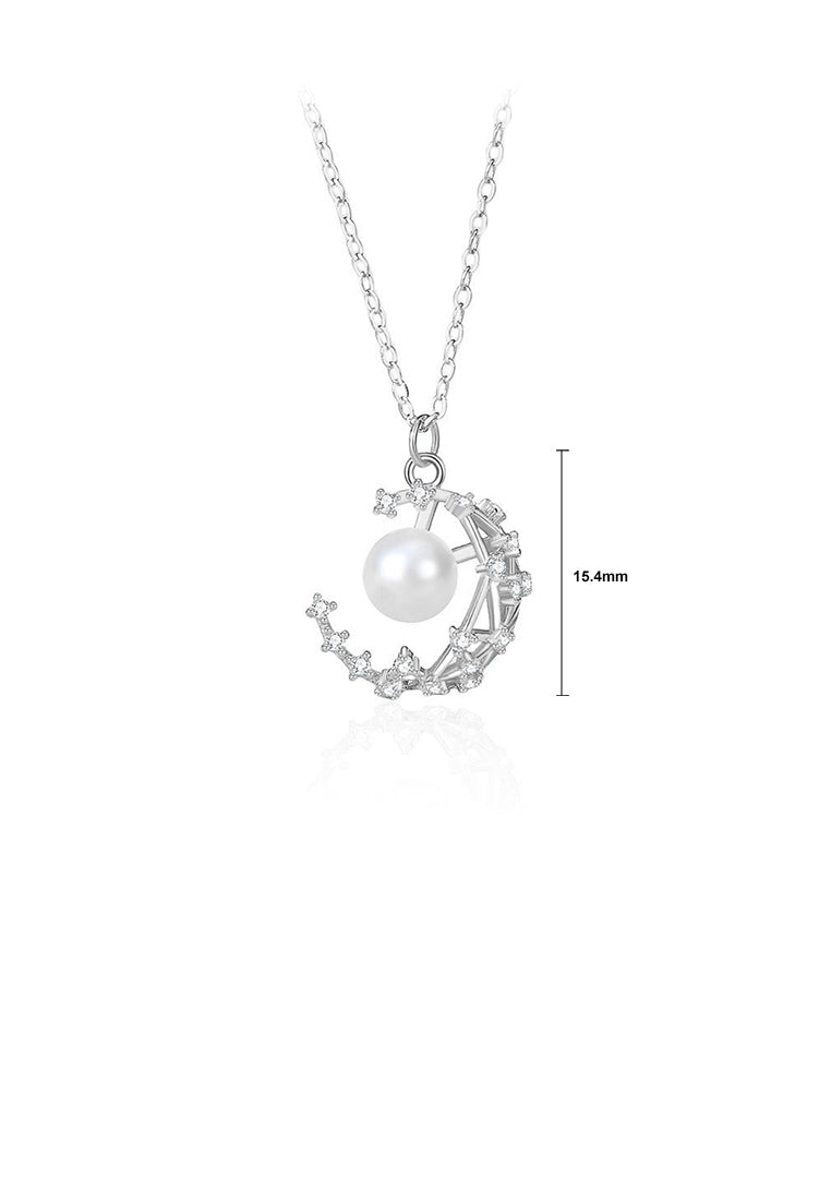 925 Sterling Silver Fashion Moon Imitation Pearl Pendant with Cubic Zirconia and Necklace - Luxurious Look