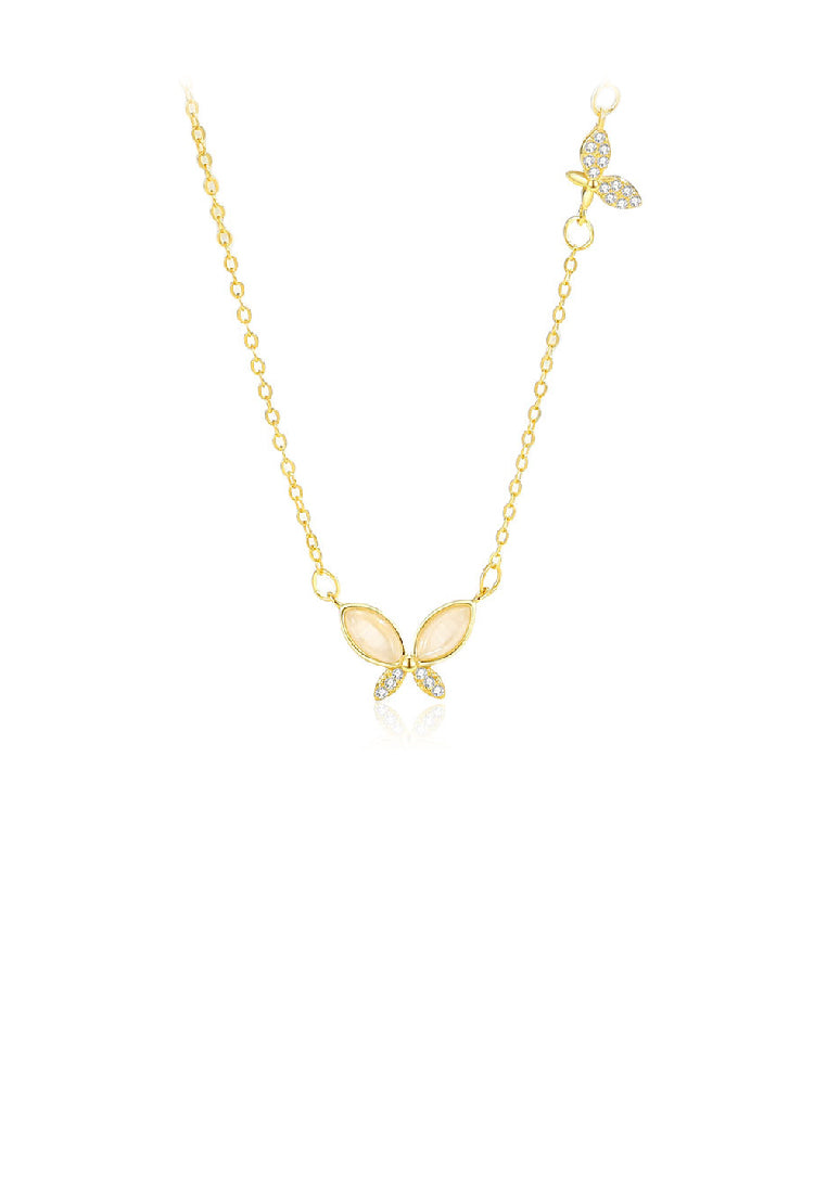 925 Sterling Silver Plated Gold Simple Elegant Butterfly Imitation Opal Pendant with Cubic Zirconia and Necklace - Luxurious Look