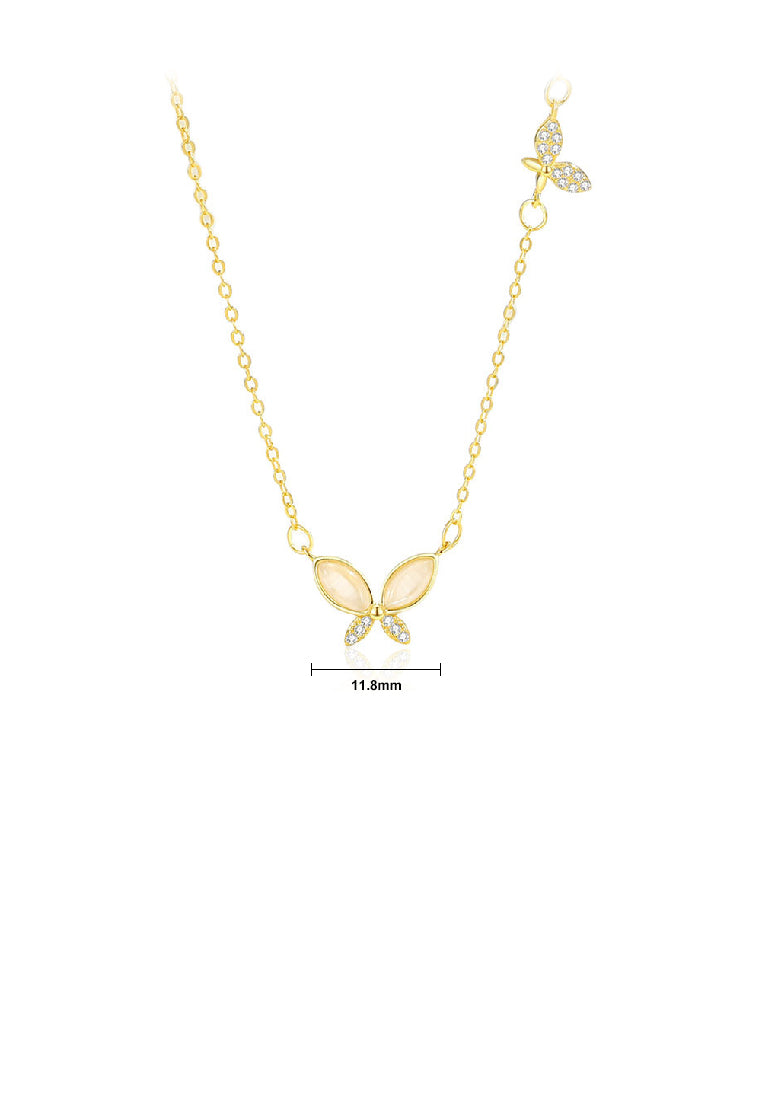 925 Sterling Silver Plated Gold Simple Elegant Butterfly Imitation Opal Pendant with Cubic Zirconia and Necklace - Luxurious Look