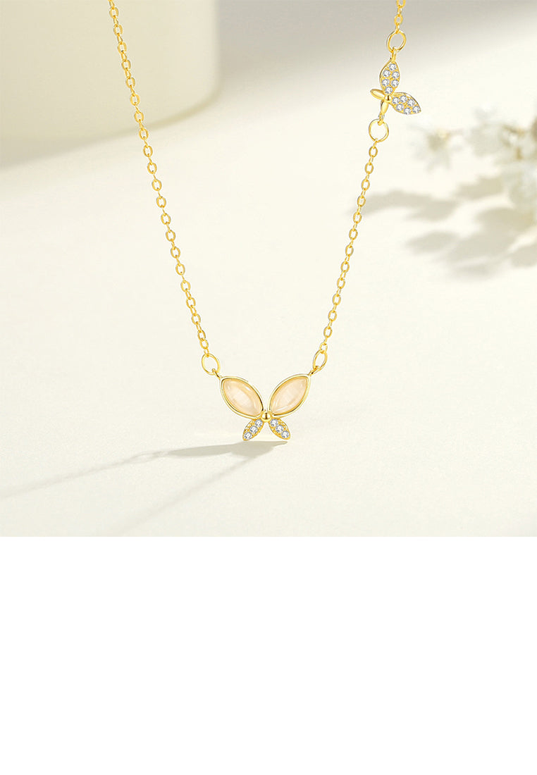 925 Sterling Silver Plated Gold Simple Elegant Butterfly Imitation Opal Pendant with Cubic Zirconia and Necklace - Luxurious Look