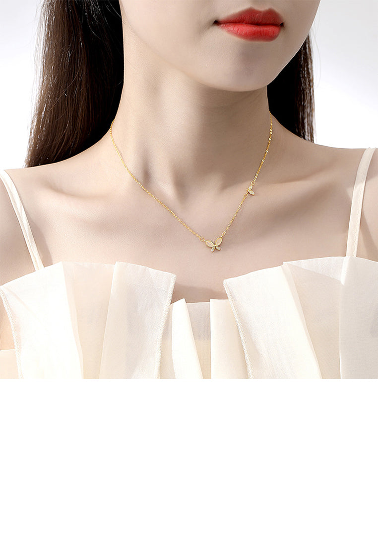925 Sterling Silver Plated Gold Simple Elegant Butterfly Imitation Opal Pendant with Cubic Zirconia and Necklace - Luxurious Look