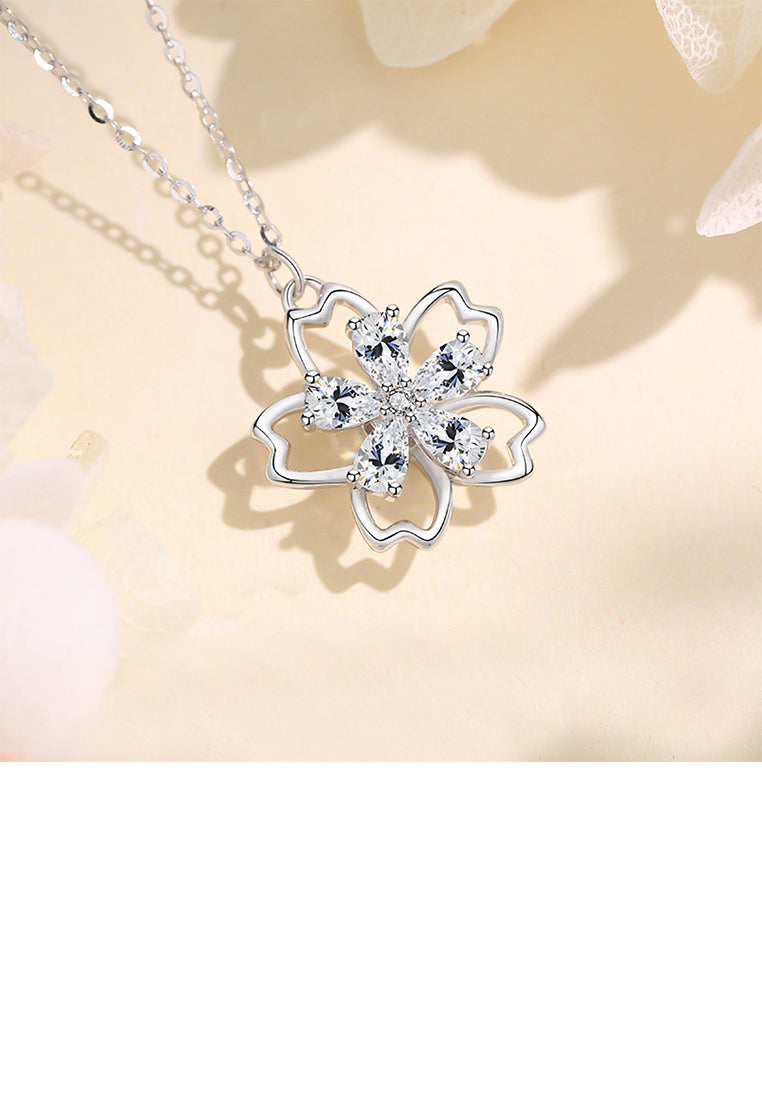 925 Sterling Silver Fashion Simple Rotating Flower Pendant with Cubic Zirconia and Necklace - Luxurious Look