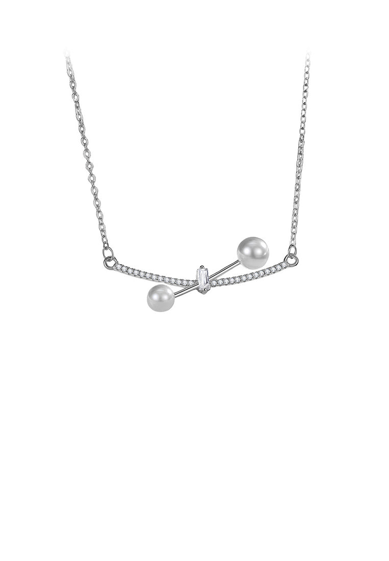 925 Sterling Silver Simple Temperament Cross Geometric Imitation Pearl Pendant with Cubic Zirconia and Necklace - Luxurious Look