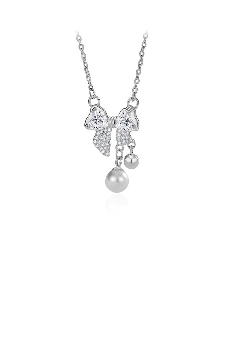 925 Sterling Silver Sweet and Cute Ribbon Imitation Pearl Pendant with Cubic Zirconia and Necklace - Luxurious Look