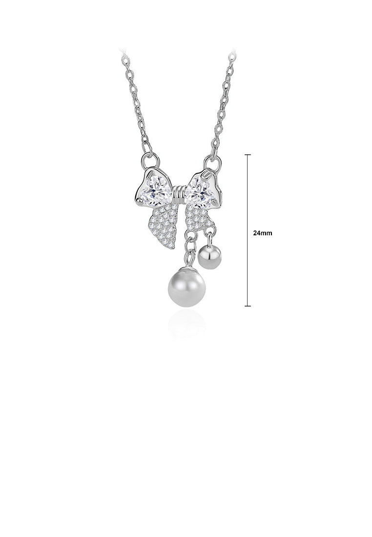 925 Sterling Silver Sweet and Cute Ribbon Imitation Pearl Pendant with Cubic Zirconia and Necklace - Luxurious Look