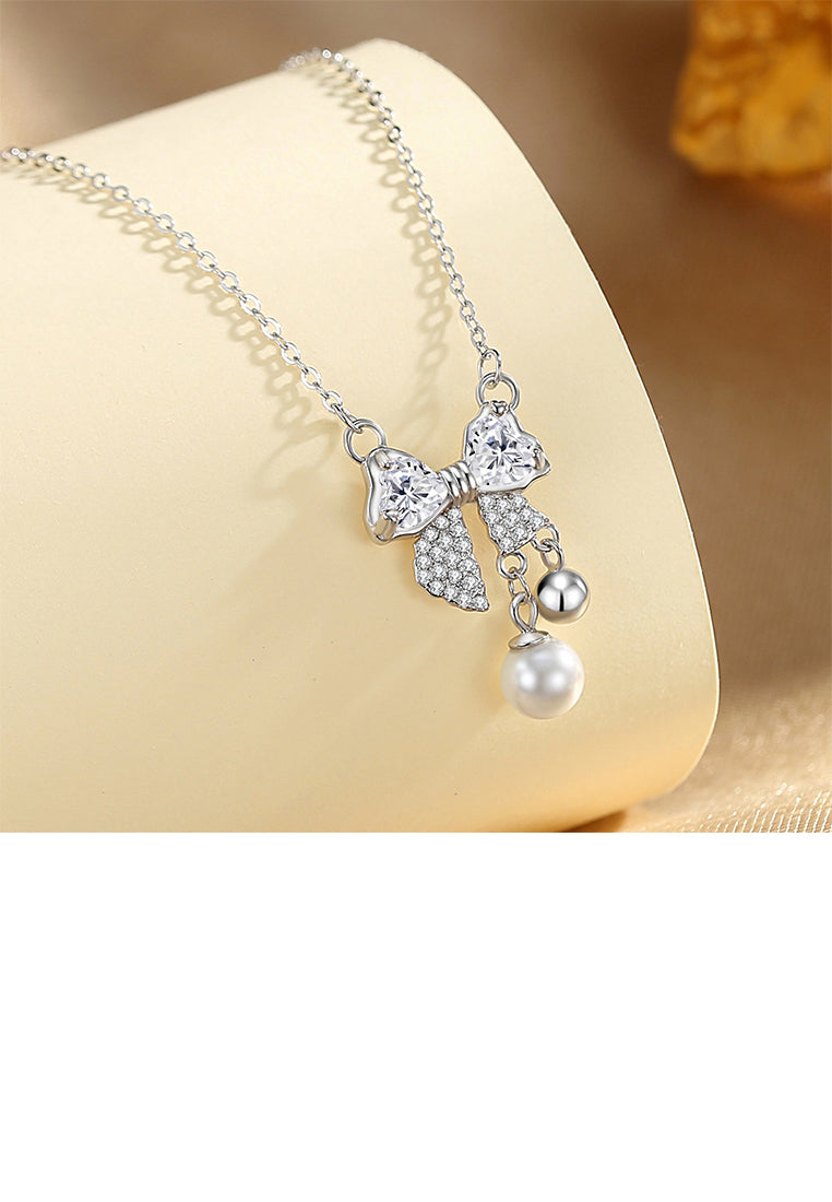 925 Sterling Silver Sweet and Cute Ribbon Imitation Pearl Pendant with Cubic Zirconia and Necklace - Luxurious Look