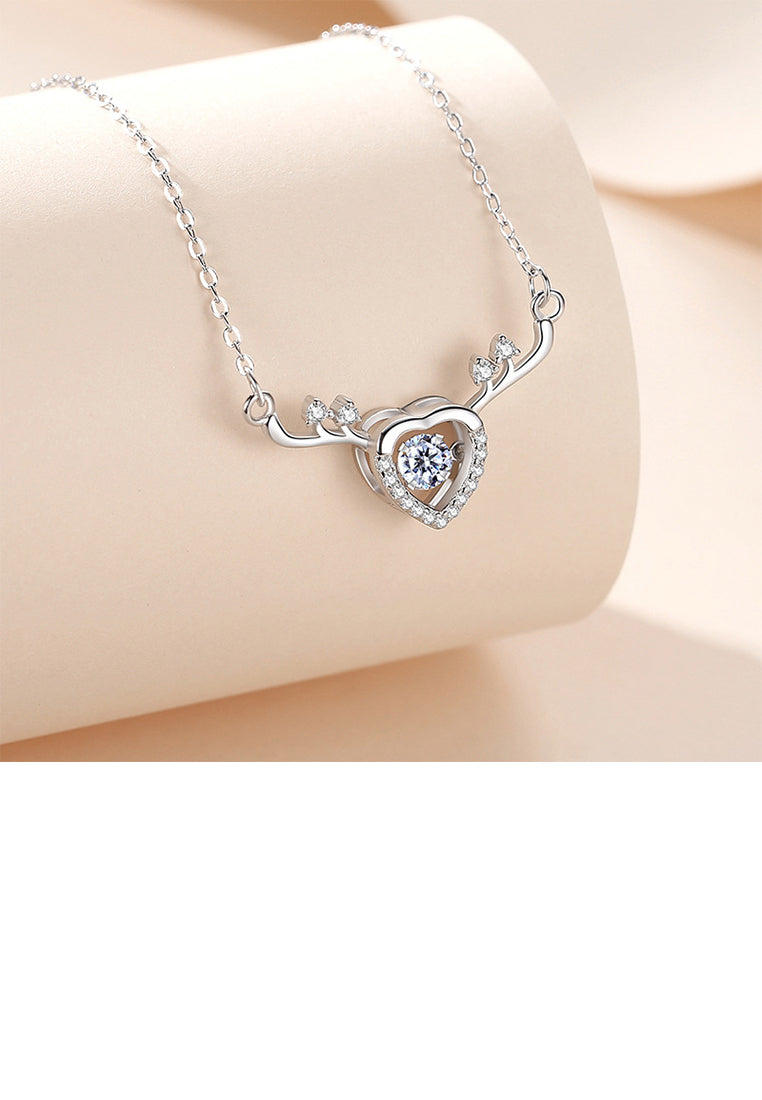925 Sterling Silver Fashion and Creative Heart-shaped Elk Pendant with Cubic Zirconia and Necklace - Luxurious Look