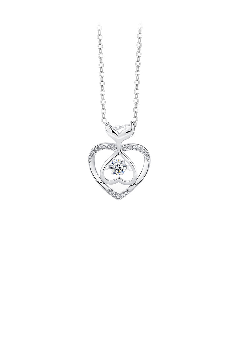 925 Sterling Silver Fashion and Cute Hollow Fish Tail Heart-shaped Pendant with White Cubic Zirconia and Necklace - Luxurious Look
