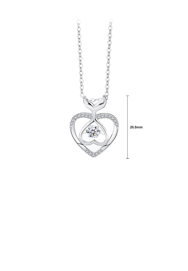 925 Sterling Silver Fashion and Cute Hollow Fish Tail Heart-shaped Pendant with White Cubic Zirconia and Necklace - Luxurious Look