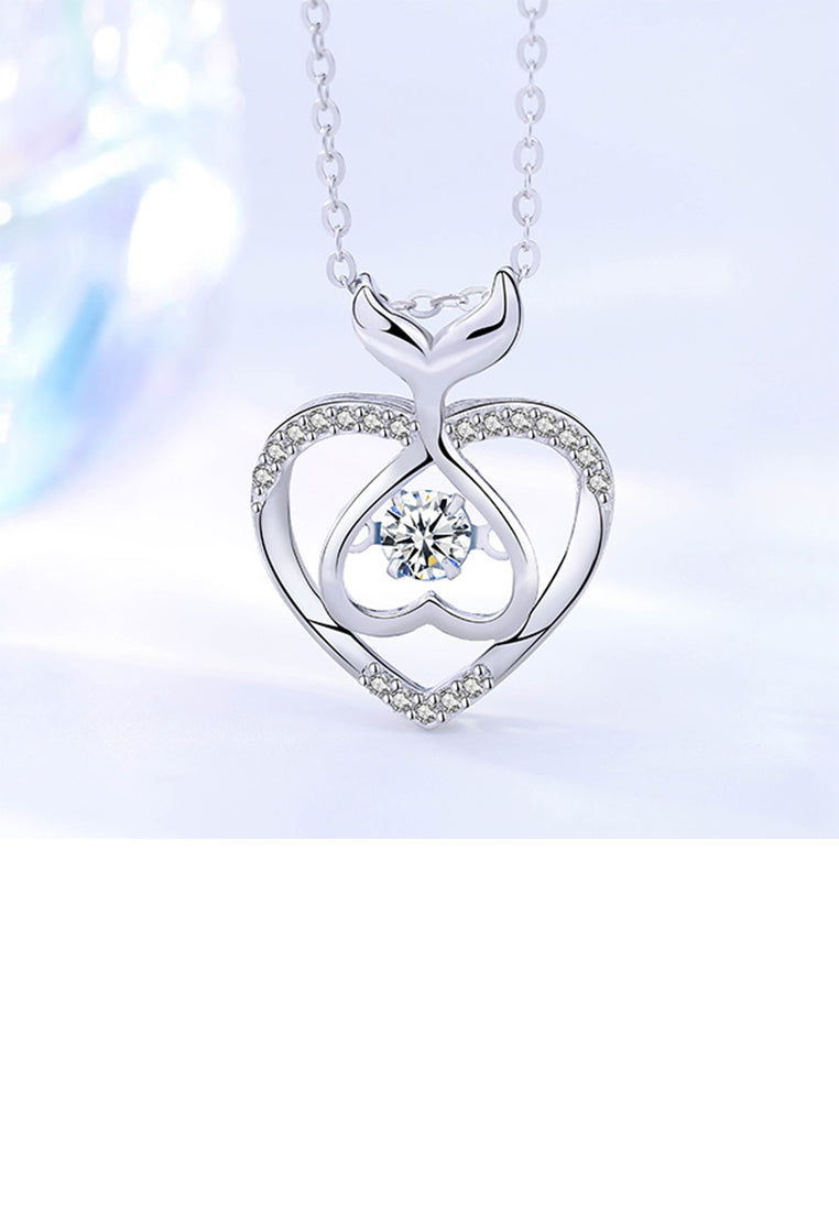 925 Sterling Silver Fashion and Cute Hollow Fish Tail Heart-shaped Pendant with White Cubic Zirconia and Necklace - Luxurious Look