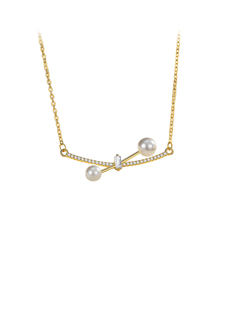 925 Sterling Silver Plated Gold Simple Temperament Cross Geometric Imitation Pearl Pendant with Cubic Zirconia and Necklace - Luxurious Look